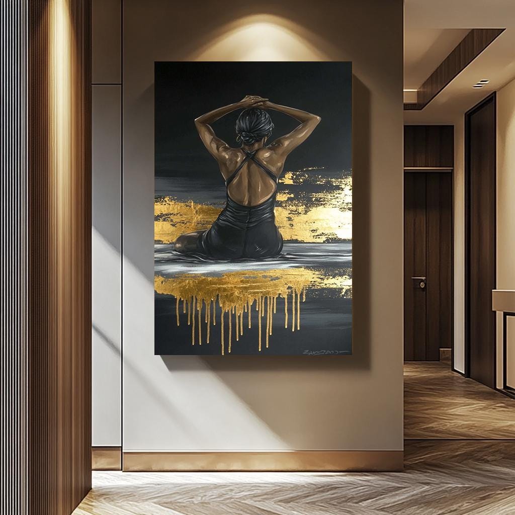 Black Woman Wall Art – Gold Leaf Canvas | Modern Female Painting | Textured Canvas Print