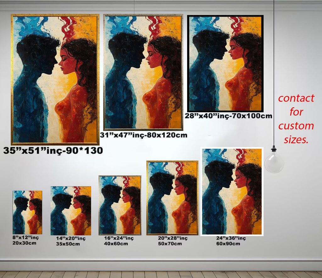 Couple Wall Art - Abstract Fire and Ice Painting | Passionate Blue Red Canvas