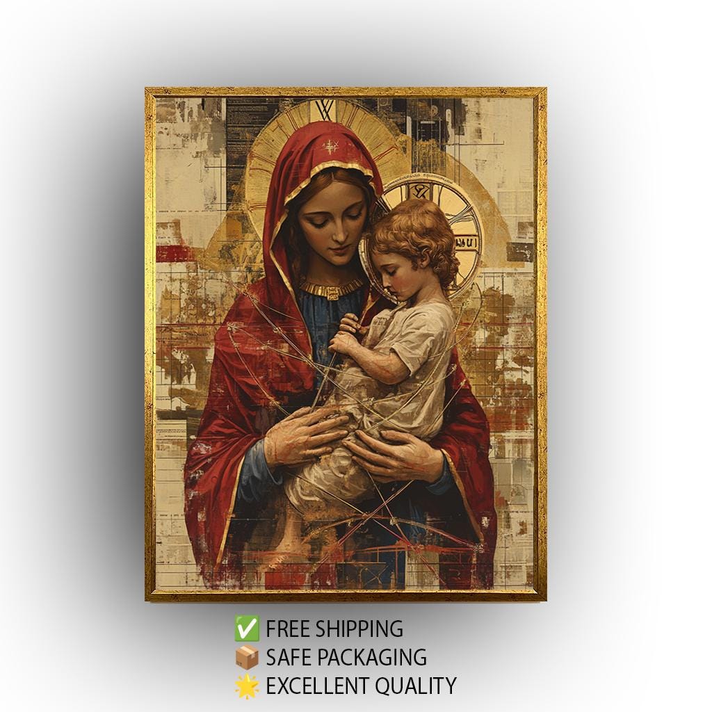 Virgin Mary Jesus Canvas - Sacred Mother Child Print | Gold Halo Artwork