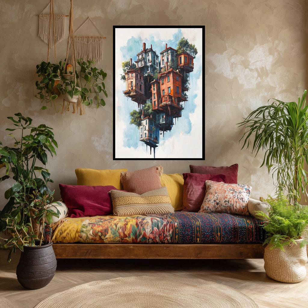 Floating Houses Canvas Art – Surreal Architecture Print With Colorful Sky Island