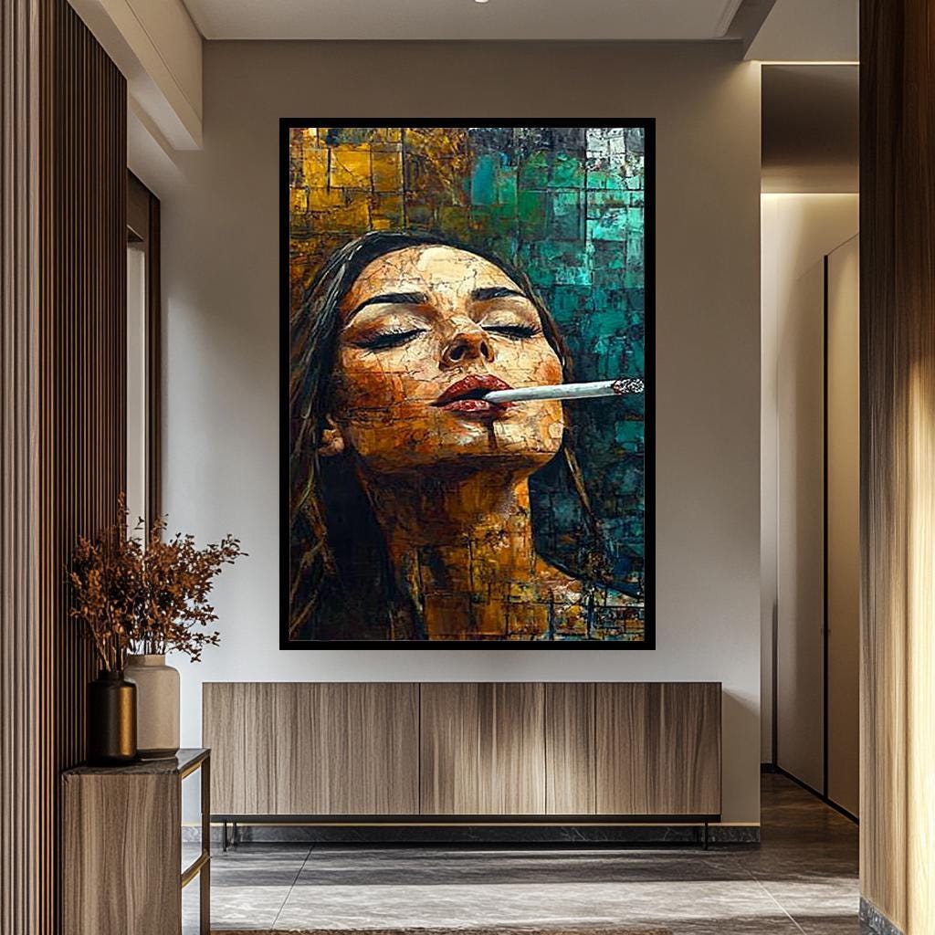 Abstract Woman Wall Art – Bold Feminine Canvas Print | Smoking Lady Modern Decor