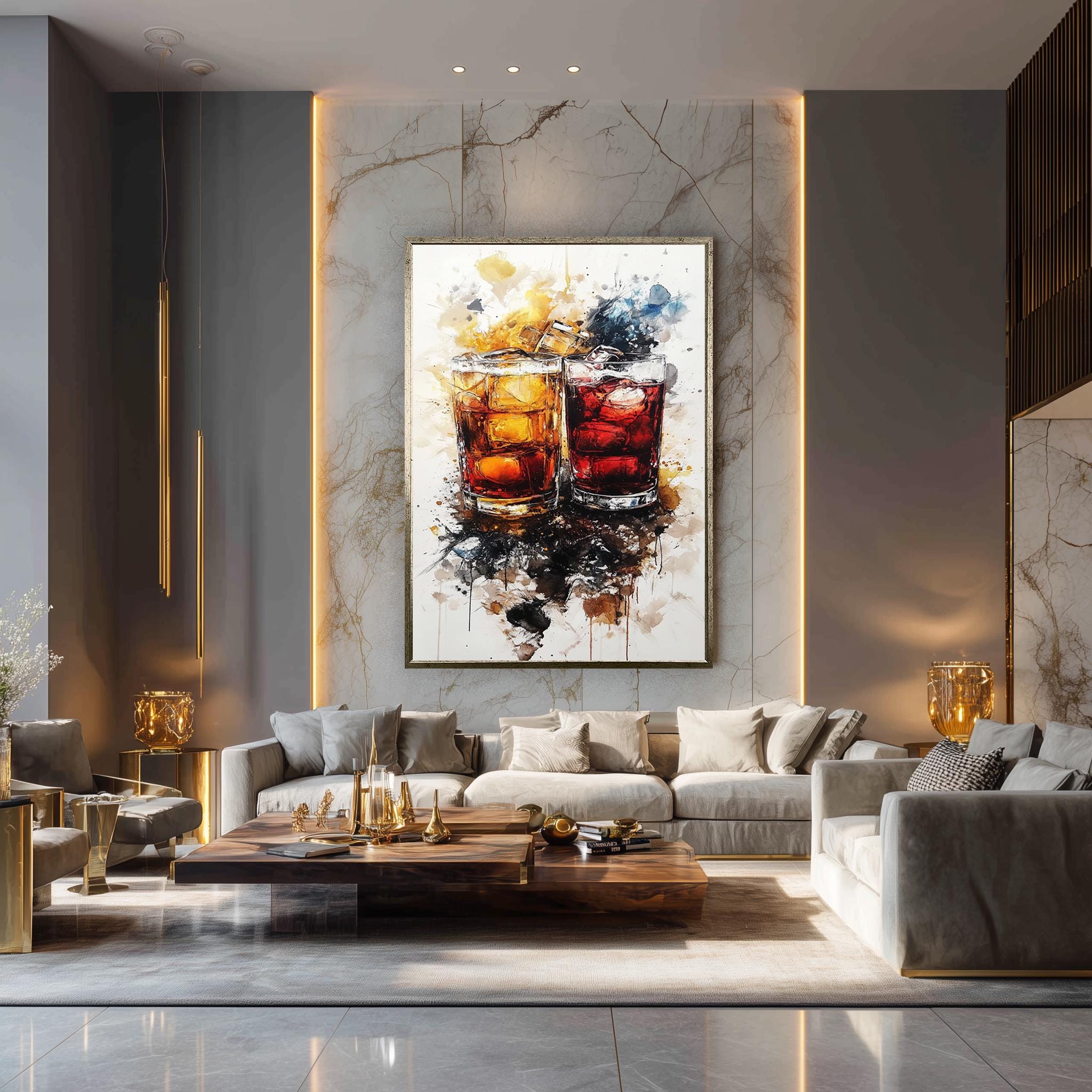 Whiskey Cocktail Wall Art – Abstract Drink Canvas with Ice & Amber Tones for Modern Bar Decor