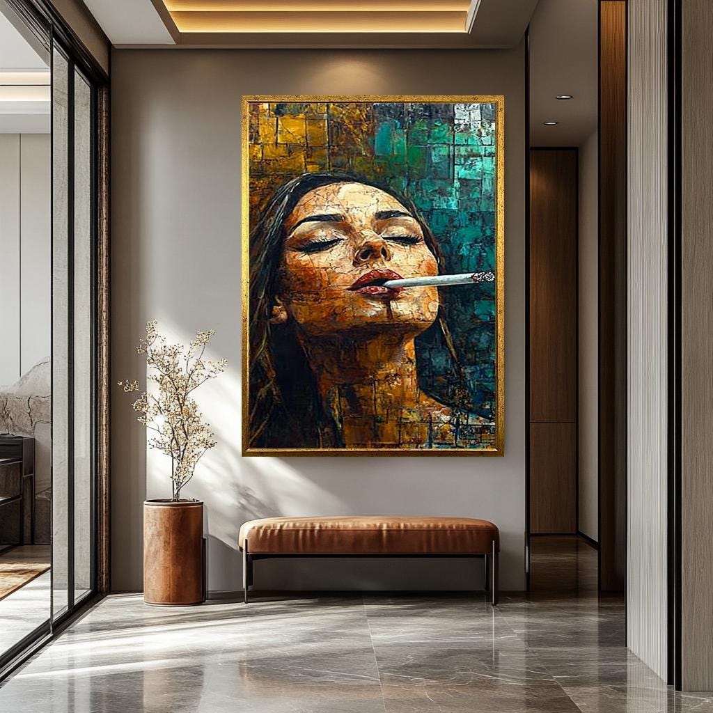 Abstract Woman Wall Art – Bold Feminine Canvas Print | Smoking Lady Modern Decor