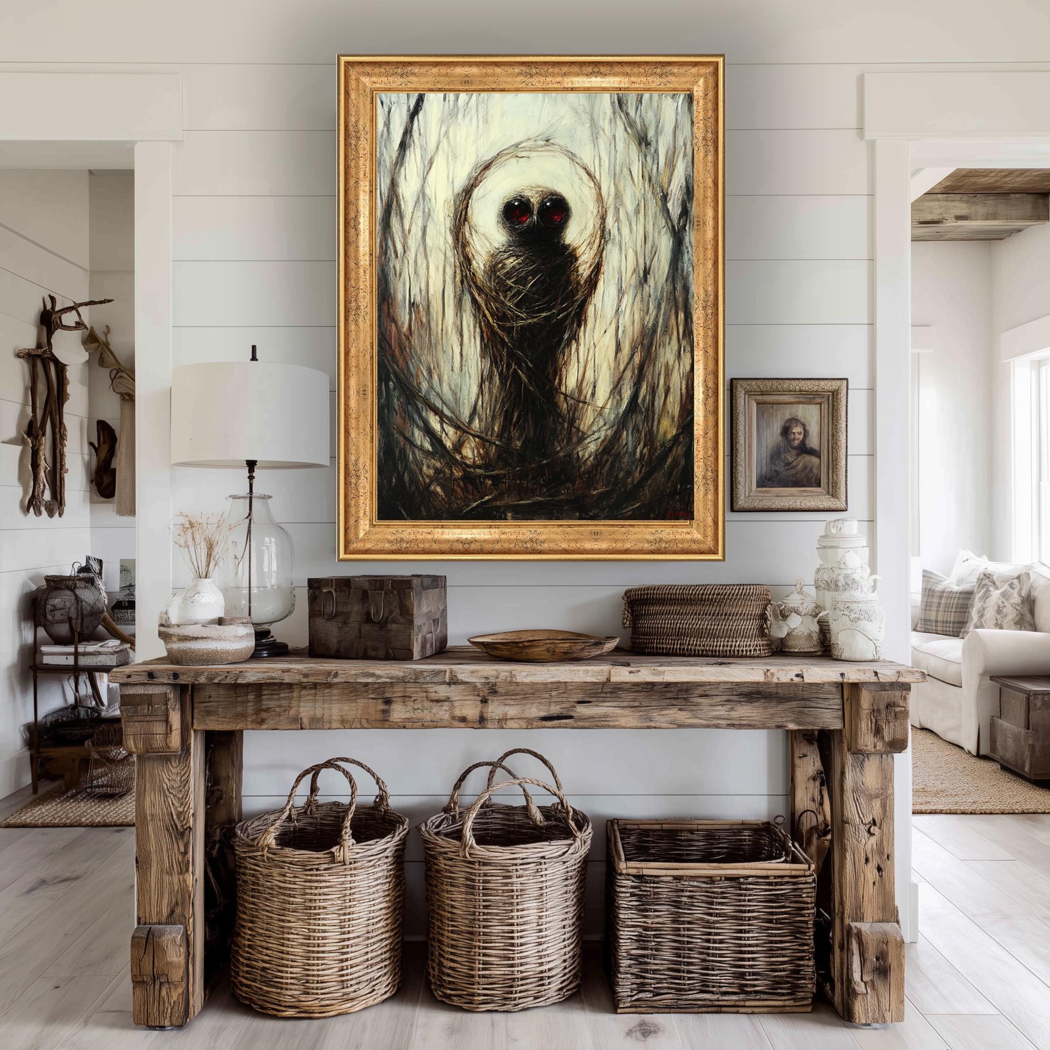 Dark Forest Creature Art – Surreal Gothic Wall Decor With Eerie Red Eyes Canvas