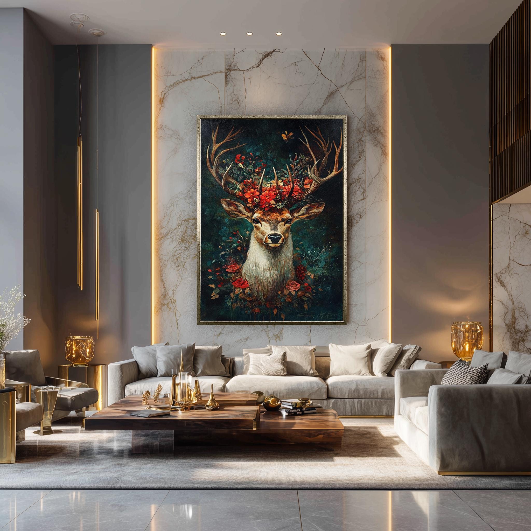 Deer Floral Canvas Print – Woodland Wall Art | Rustic Animal Painting with Botanical Antlers