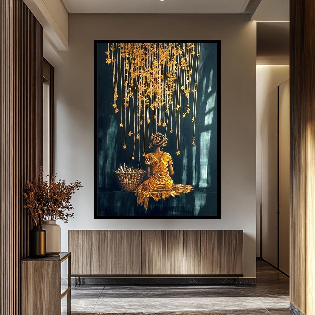 Women Wall Art - Golden Glow Abstract Canvas Painting | Black Gold Woman Portrait Print