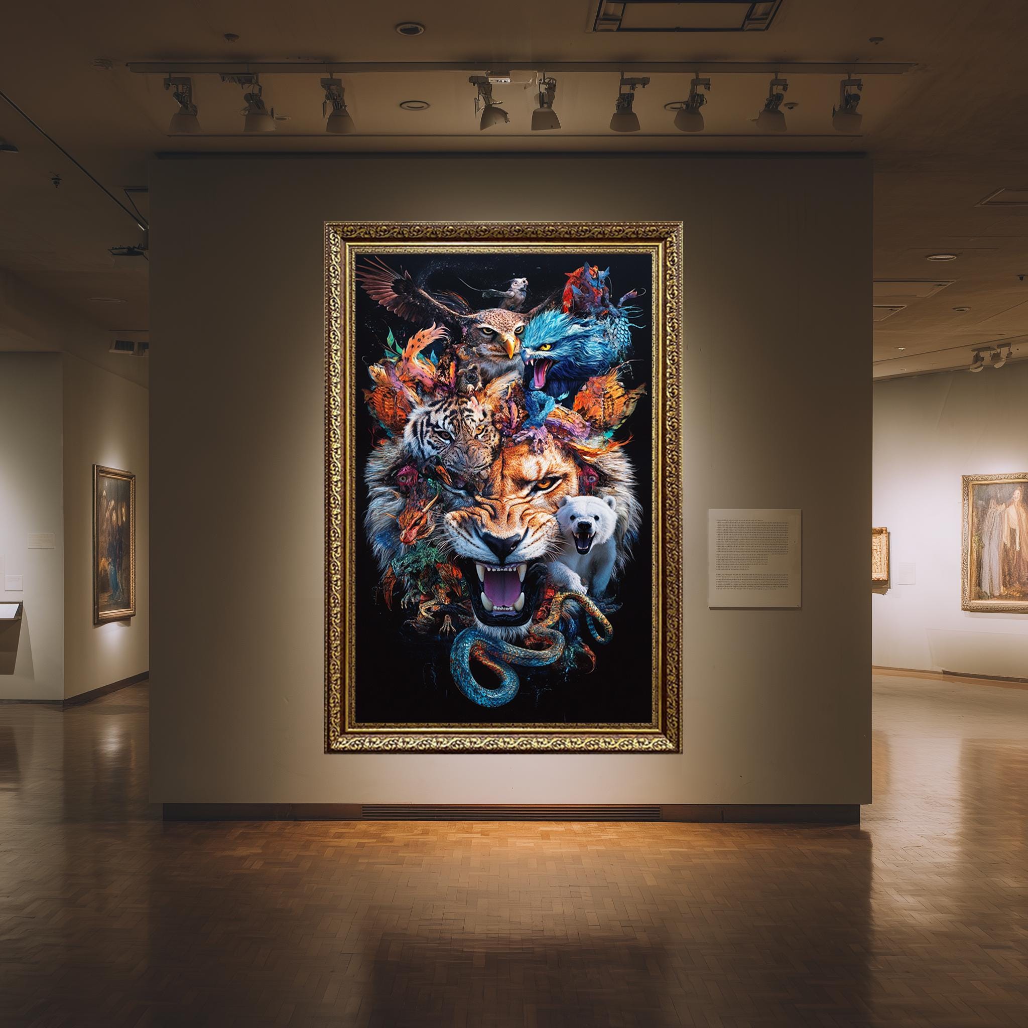 Animal Collage Wall Art – Bold Wildlife Canvas Print Featuring Lion, Tiger & Mythical Creatures