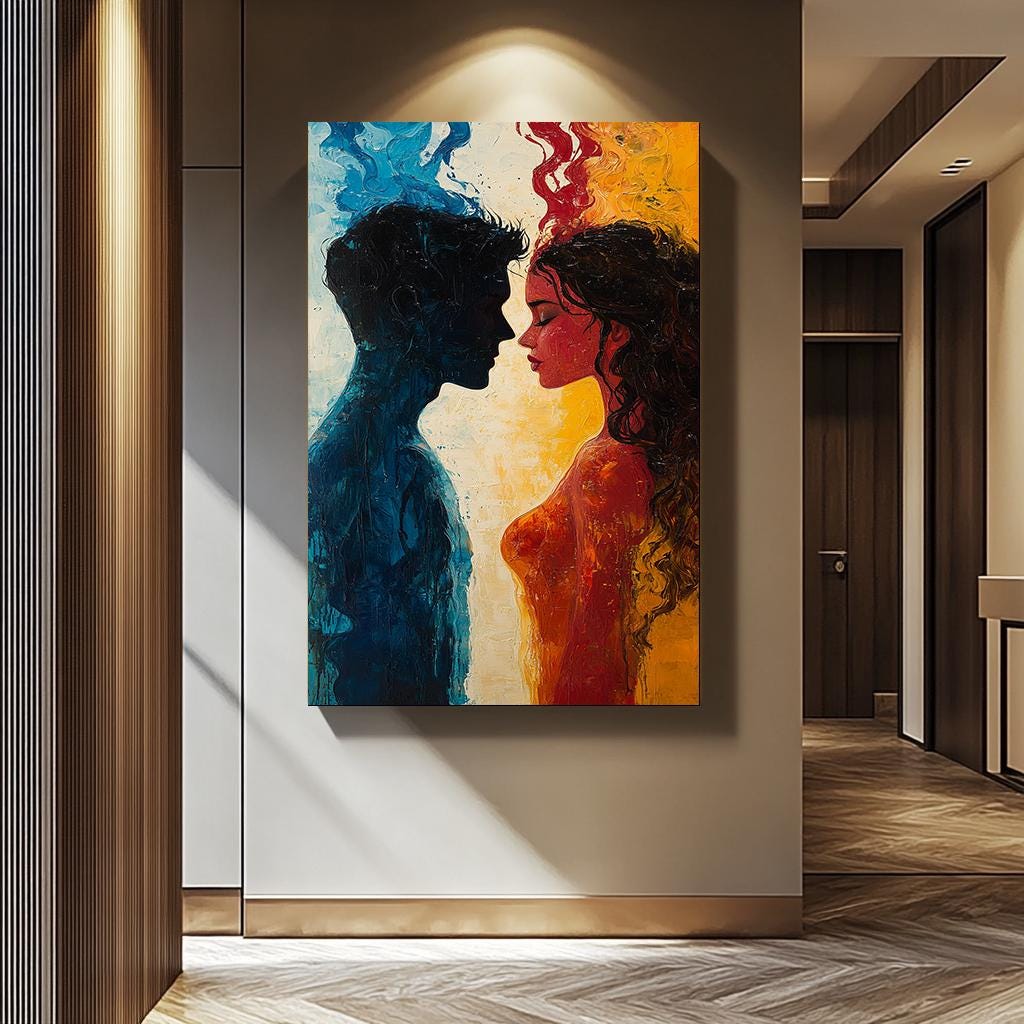 Couple Wall Art - Abstract Fire and Ice Painting | Passionate Blue Red Canvas