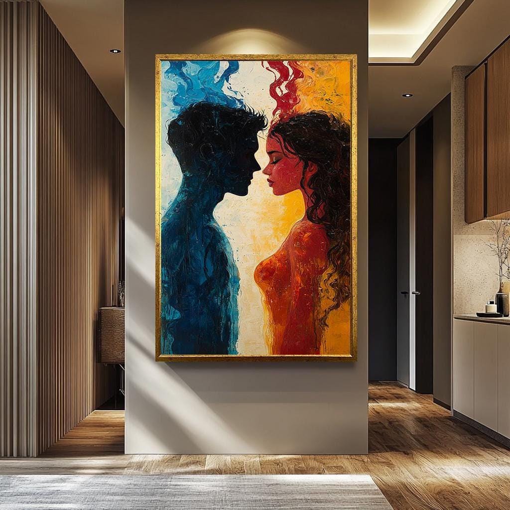 Couple Wall Art - Abstract Fire and Ice Painting | Passionate Blue Red Canvas