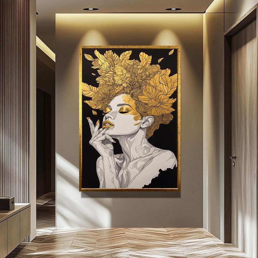 Women Wall Art - Gold Floral Canvas Abstract | Luxury Female Portrait Print