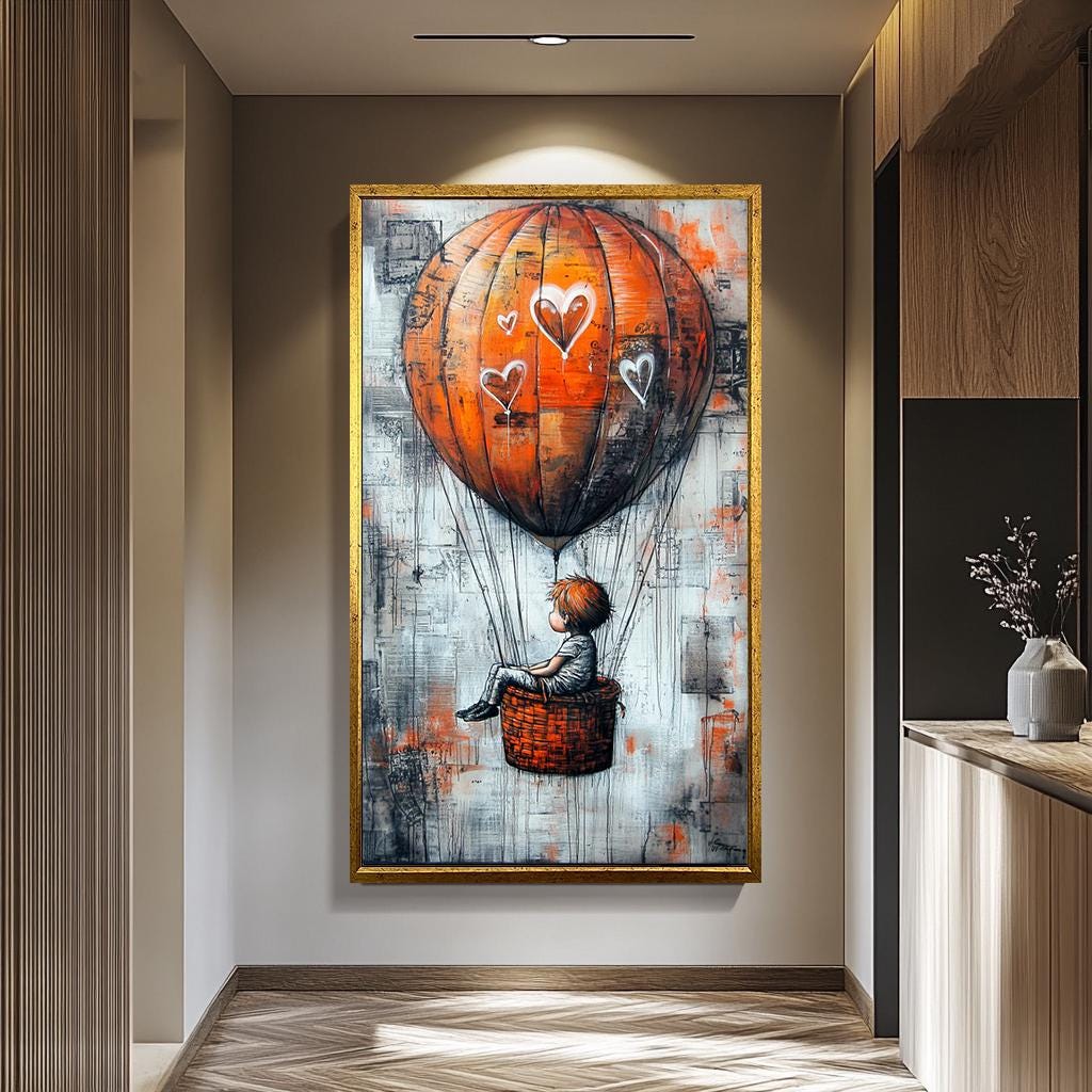 Orange Hot Air Balloon Art - Graffiti Style Canvas With Whimsical Hearts | Modern Urban Artwork