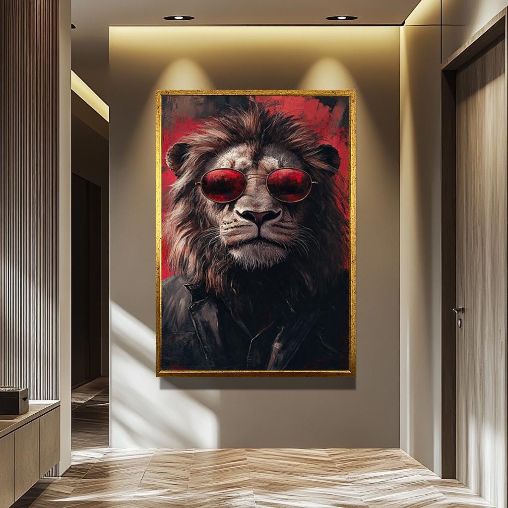 Lion Wall Art – Red Black Canvas Print | Hipster Animal Canvas Decor