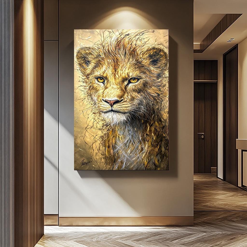 Golden Lion Cub Art – Luxury Wildlife Canvas Painting | Modern Lion Wall Decor