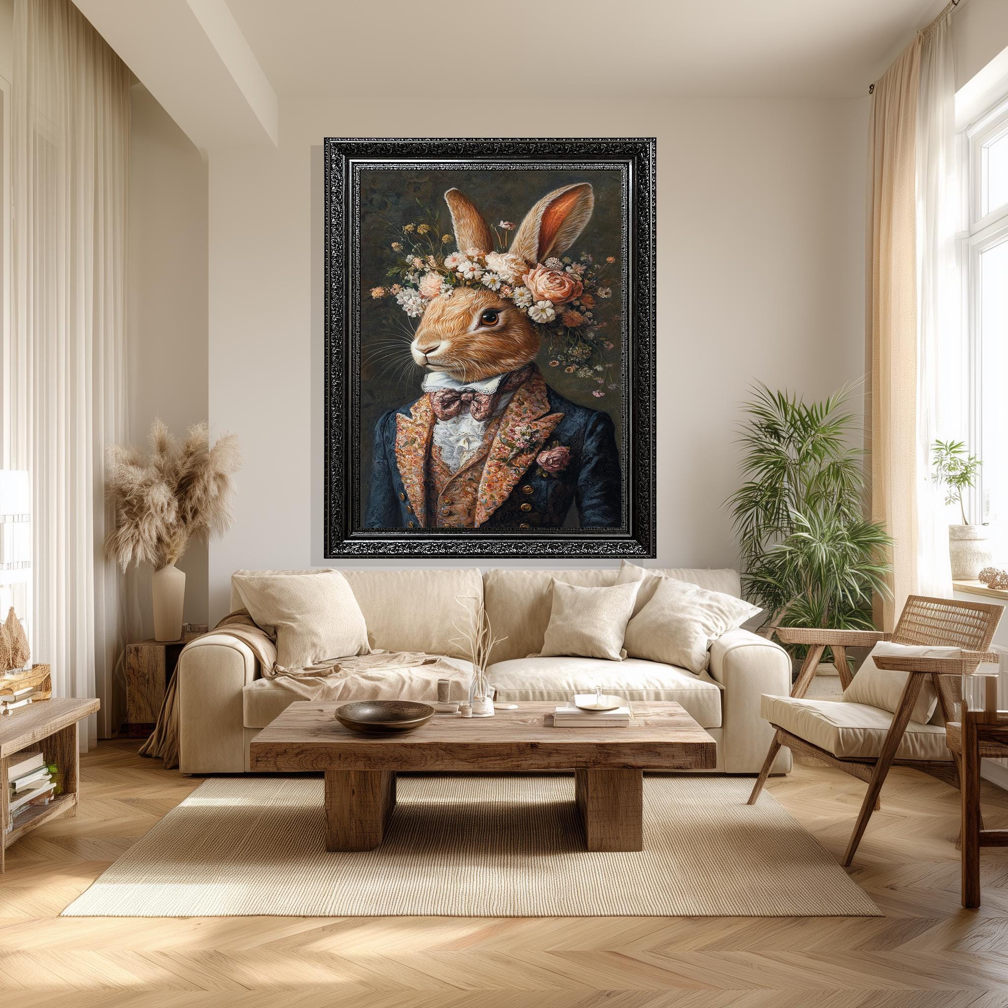 Victorian Rabbit Canvas Print – Elegant Floral Bunny Art with Rose Crown for Cottagecore Wall