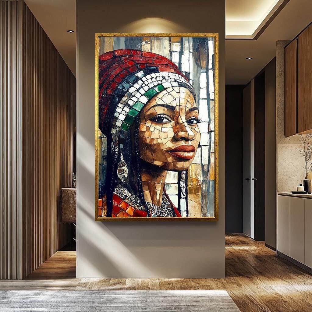 African Women Wall Art – Mosaic-Inspired Female Portrait Canvas | Vibrant Cultural Decor