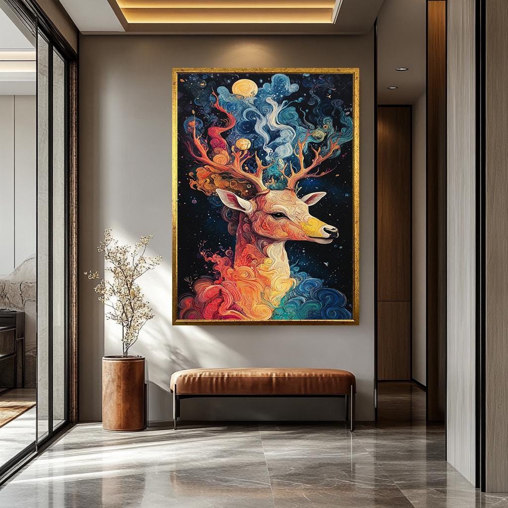 Deer Canvas Print - Rustic Wall Art | Large Colorful Deer Painting Print