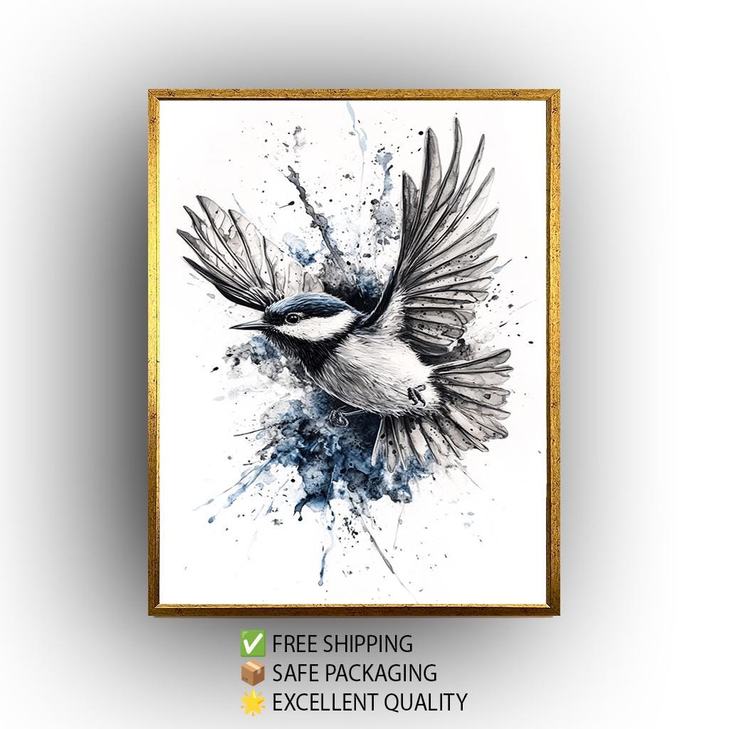 Bird Canvas Wall Art – Modern Watercolor Bird Print in Blue Black White Tones