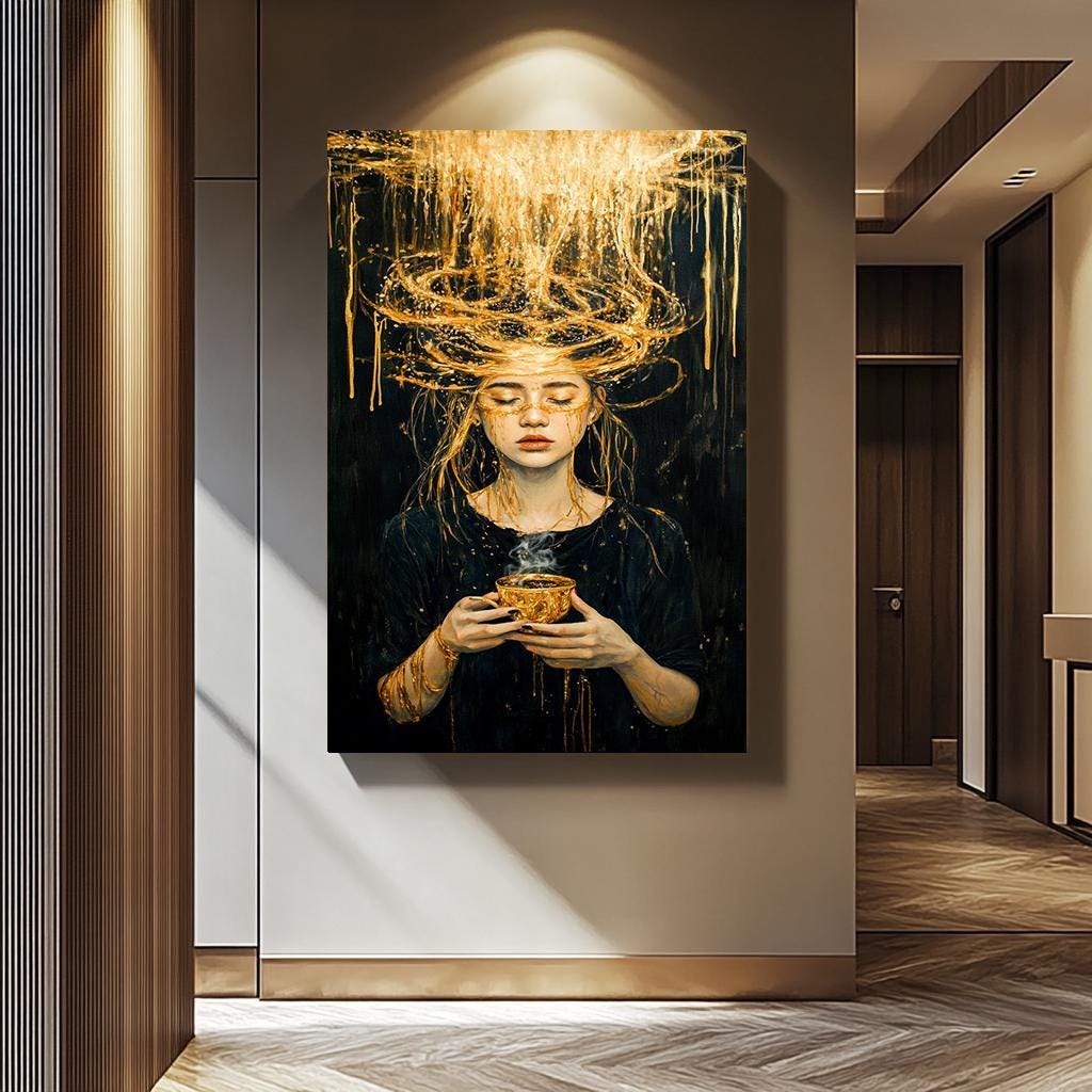 Abstract Woman Wall Art – Luxurious Black and Gold Canvas Female Portrait Print