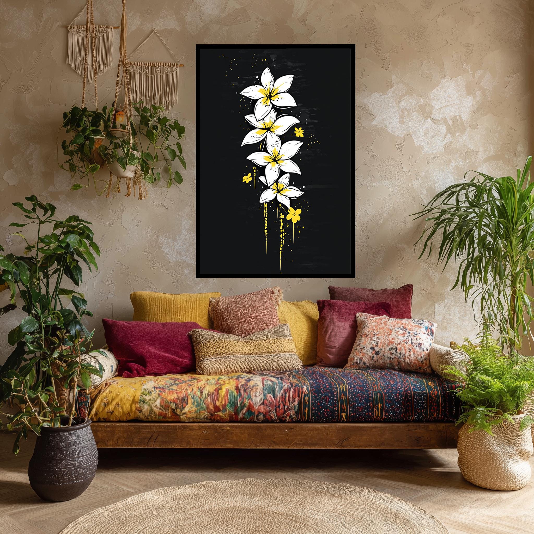 White Plumeria Canvas – Tropical Floral Wall Art With Yellow Accents & Black Background