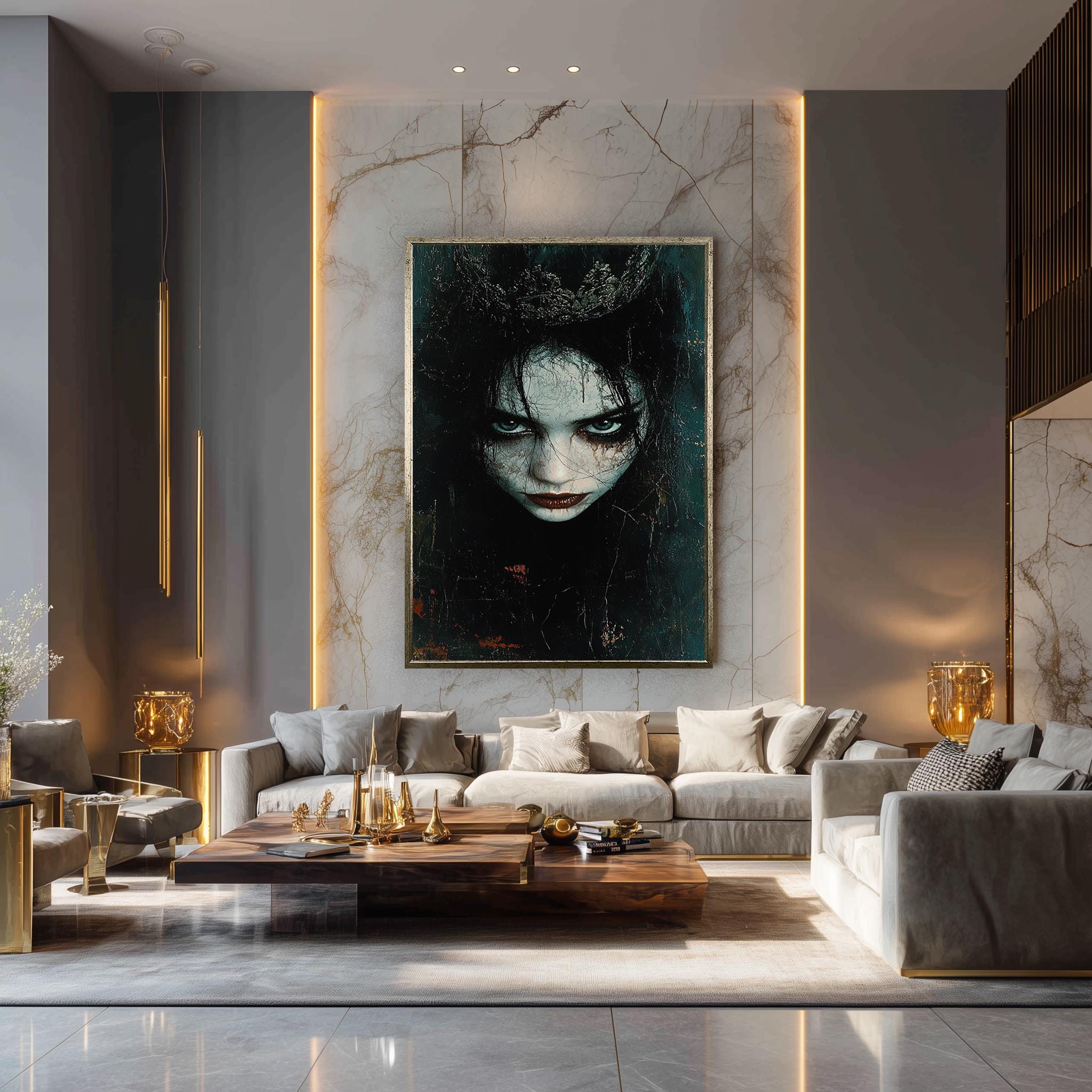 Gothic Woman Canvas Print – Dark Fantasy Portrait with Blue Eyes & Crowned Skin