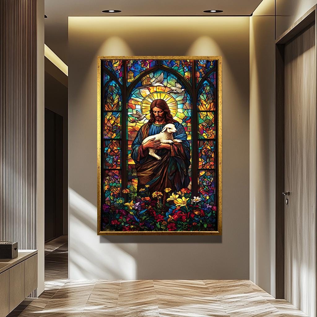 Jesus Christ Canvas Print – Good Shepherd Painting | Vibrant Stained Glass Artwork