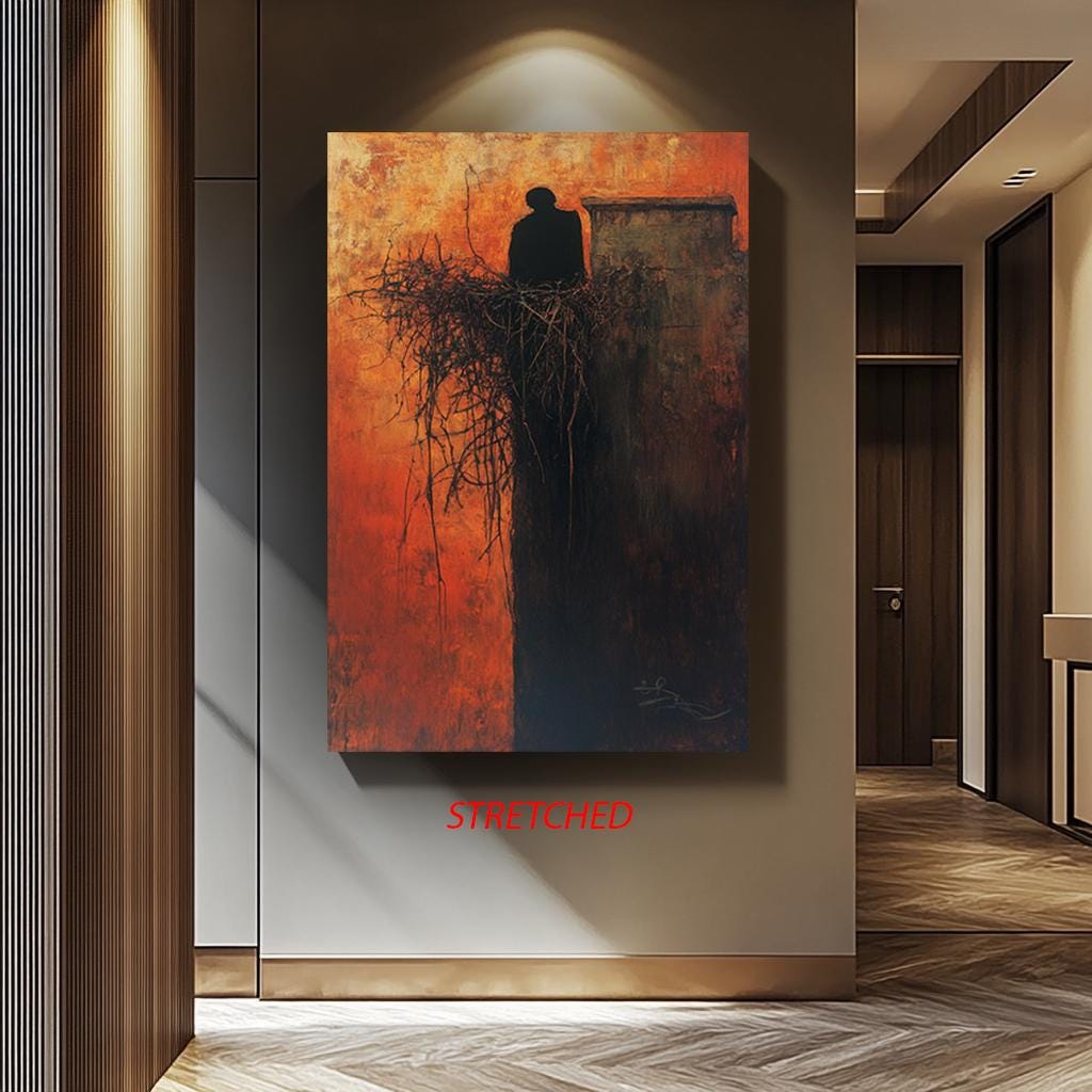 Dark Abstract Canvas – Moody Surreal Shadow Print With Fiery Orange Silhouette