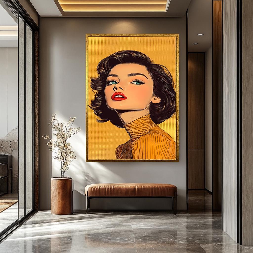 Pop Art Woman Canvas - Retro Wall Art With Bold Fashion Decor & Yellow Background Print