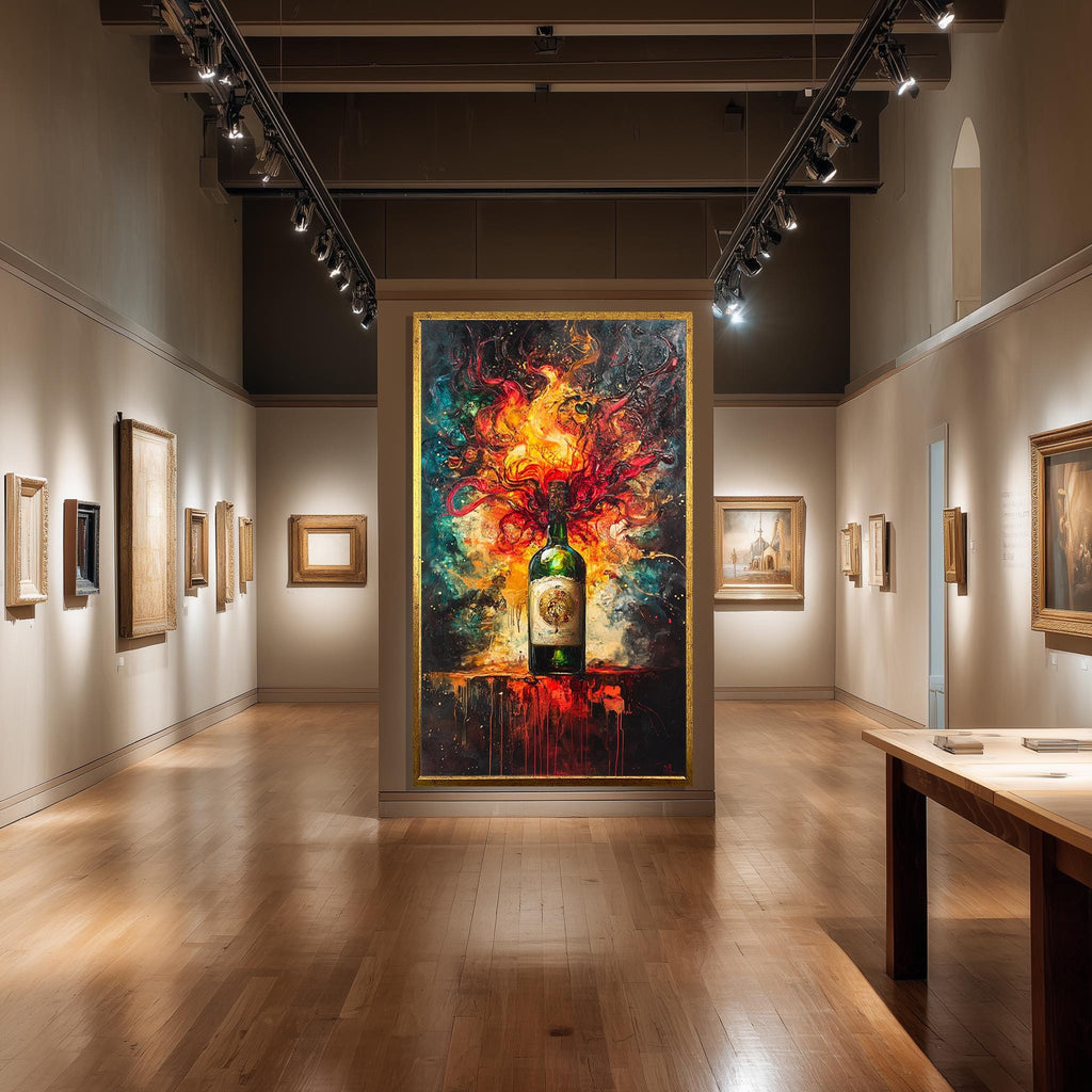 Whiskey Bottle Canvas Art – Fiery Abstract Liquor Print | Bold Bar Wall Decor