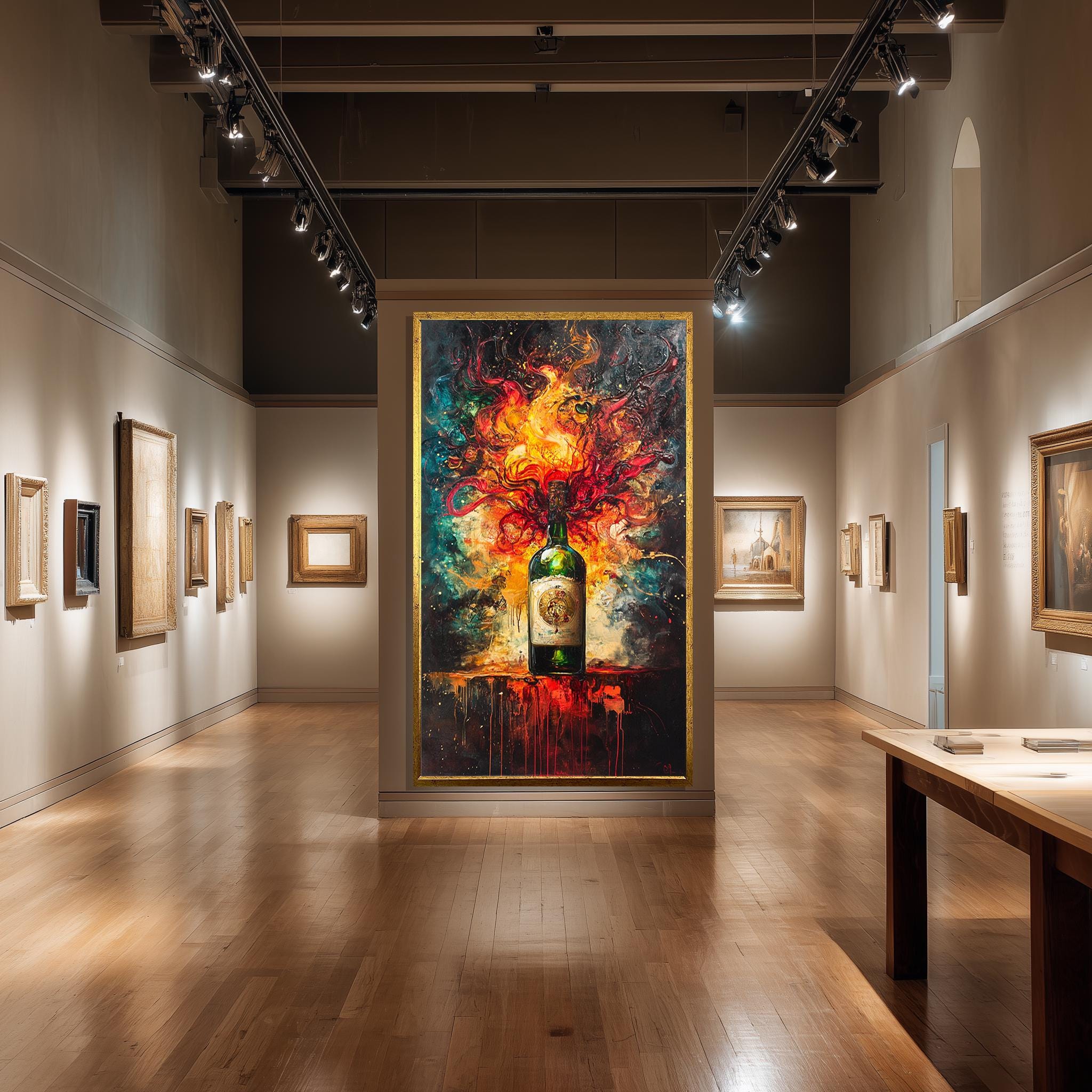 Whiskey Bottle Canvas Art – Fiery Abstract Liquor Print | Bold Bar Wall Decor