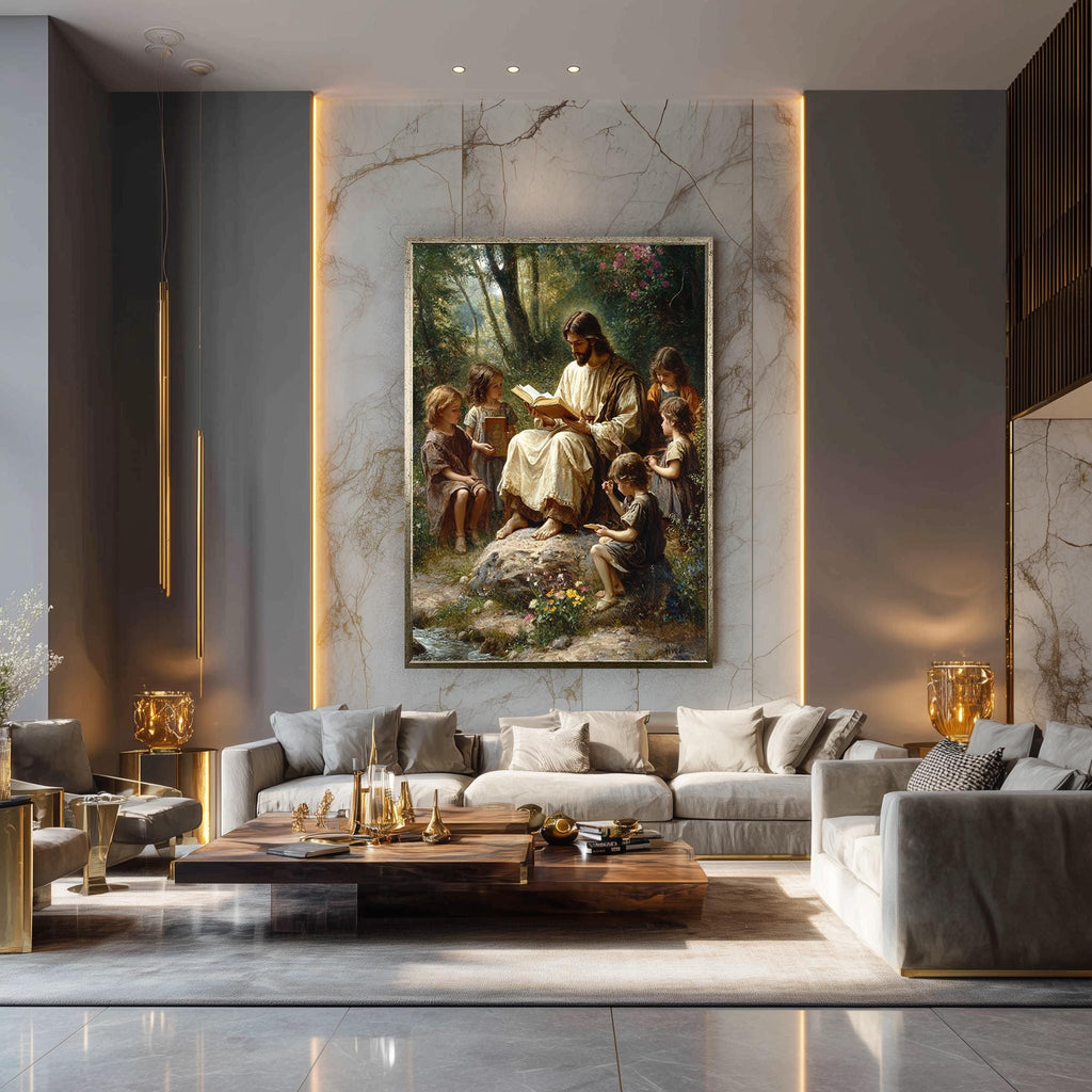 Jesus Teaching Children Canvas – Christian Wall Art | Bible Lesson Artwork, Faith Based Decor