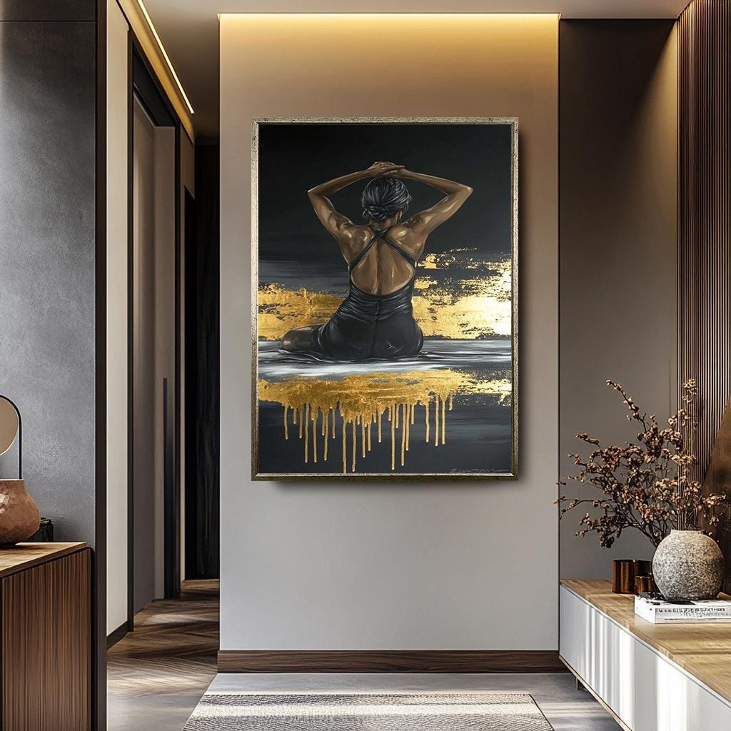 Black Woman Wall Art – Gold Leaf Canvas | Modern Female Painting | Textured Canvas Print