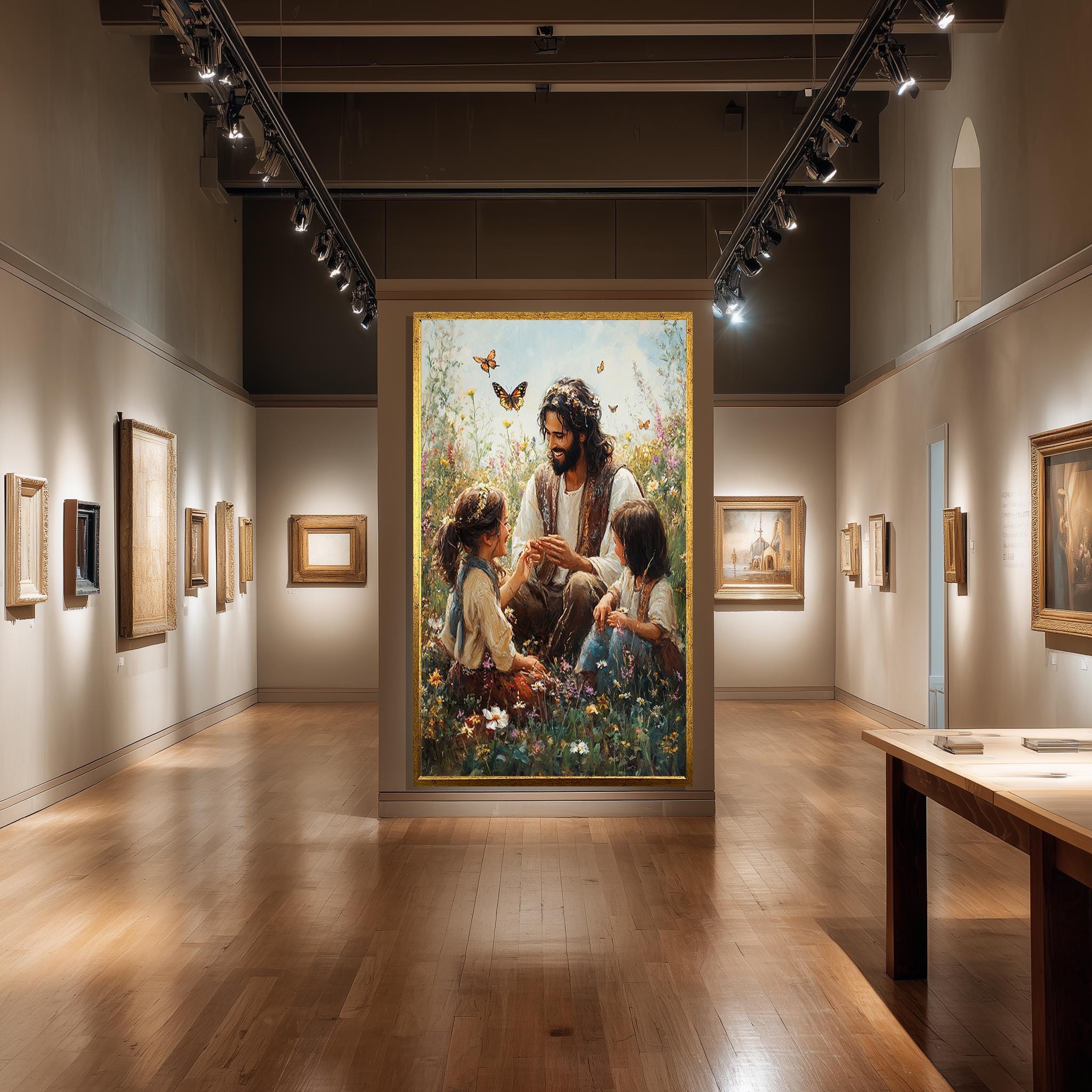 Jesus with Children Canvas - Joyful Christian Wall Art | Flower Field Print