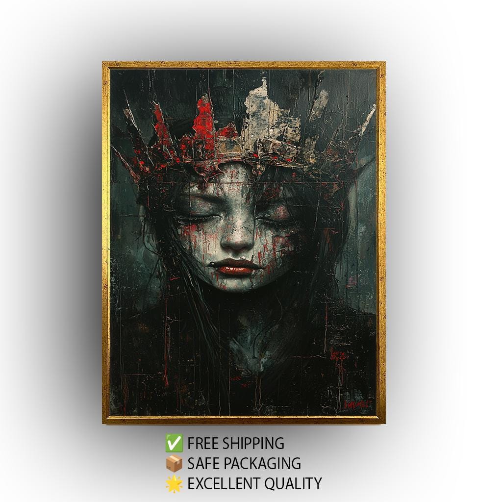 Gothic Queen Canvas Print – Dark Fantasy Art With Broken Crown & Textured Face
