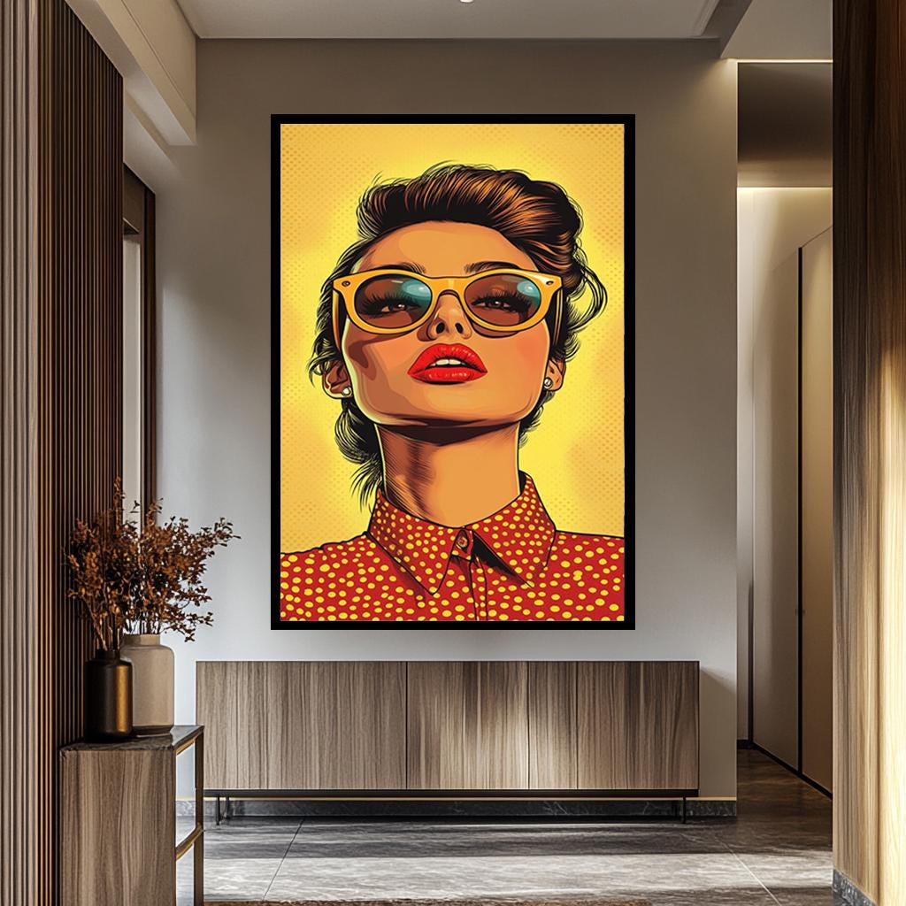 Pop Art Canvas Print – Bold Woman in Sunglasses | Retro Yellow Polka Dot Wall Art