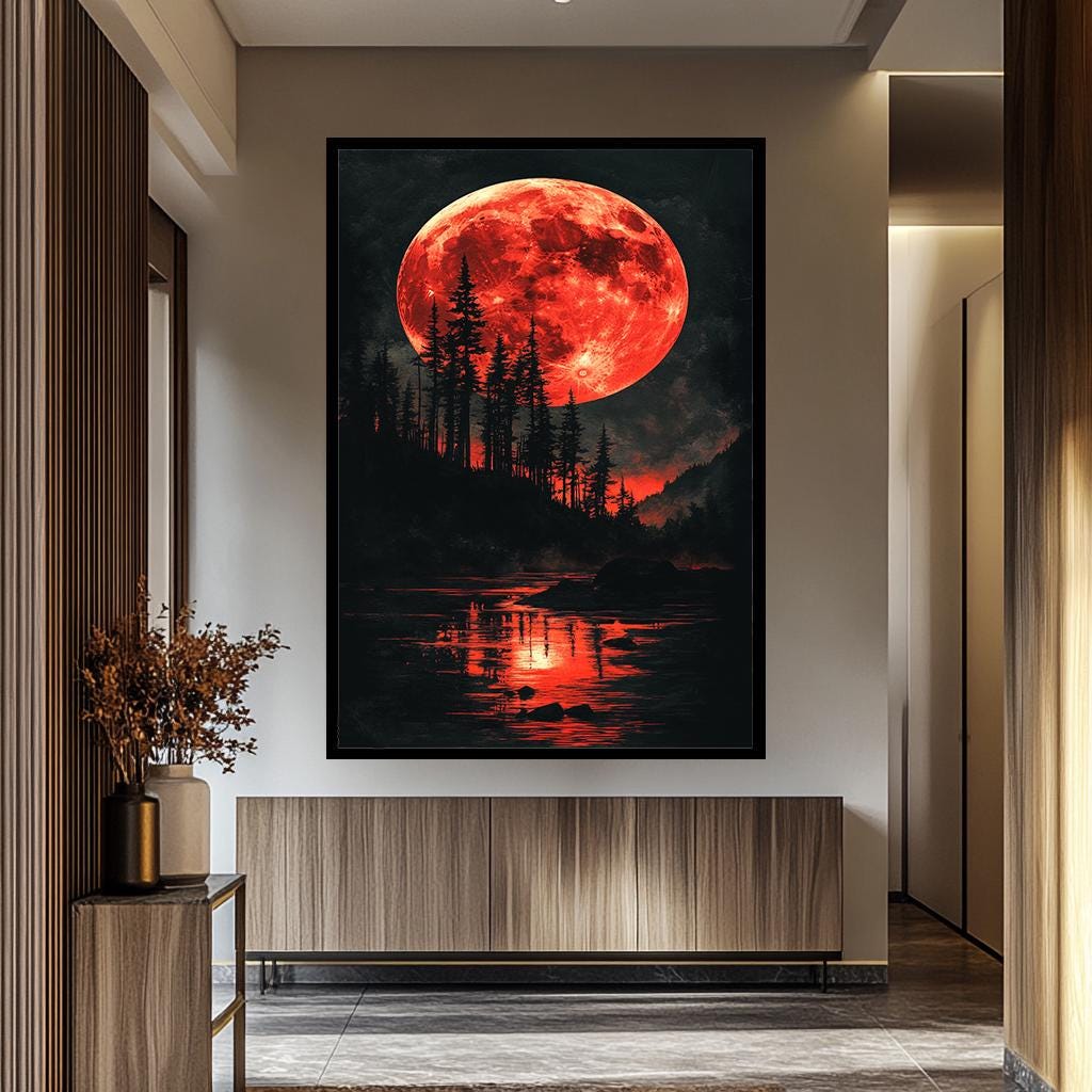 Blood Moon Wall Art – Red Moon Canvas Painting | Handmade Forest Decor