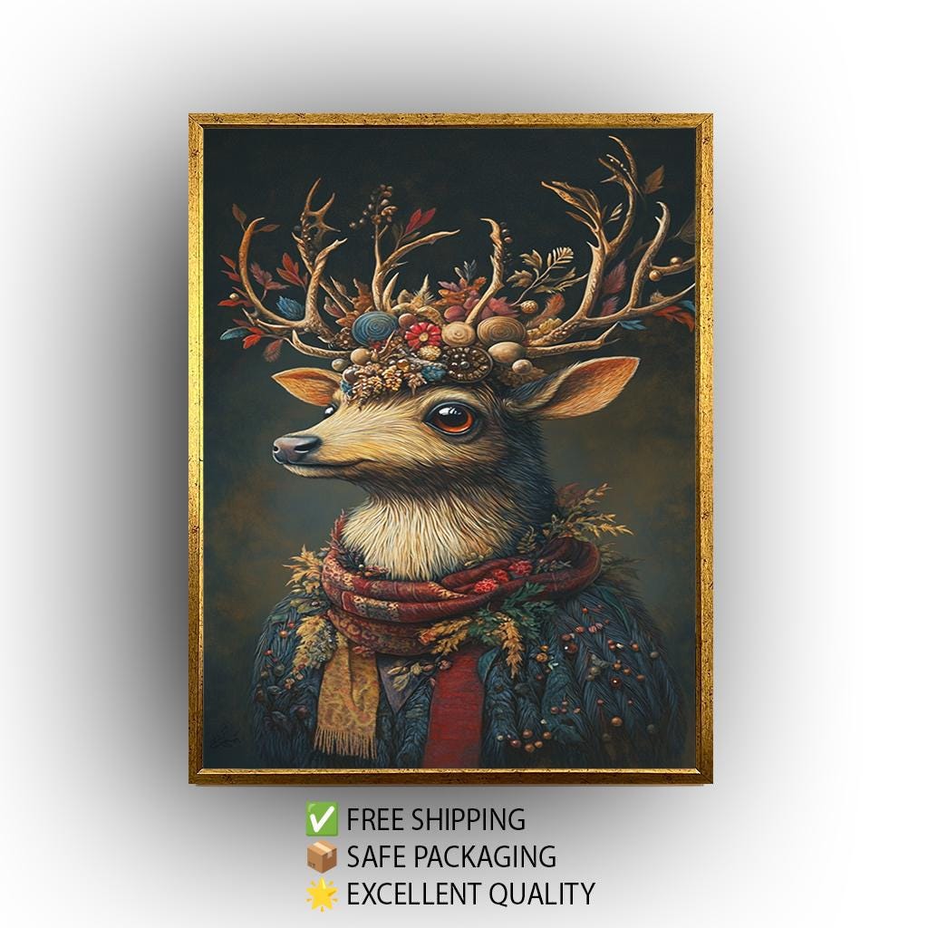 Rustic Deer Canvas Print – Floral Antler Crown Woodland Animal Art for Boho Cottagecore