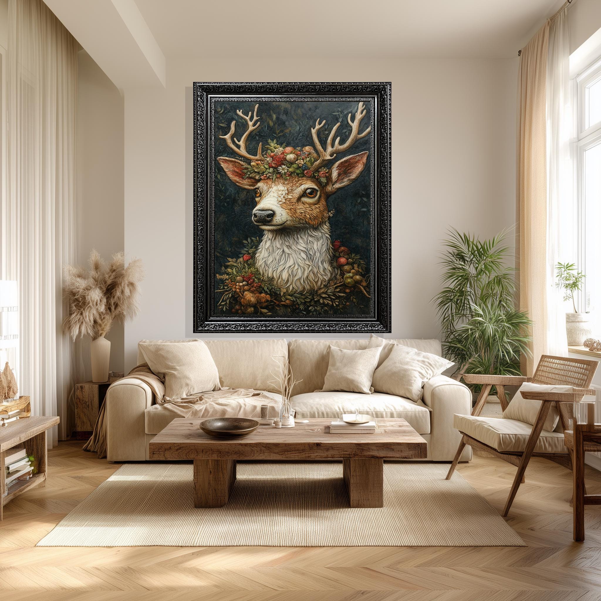 Rustic Deer Canvas Print - Floral Antler Wall Art | Boho Cottagecore Decor