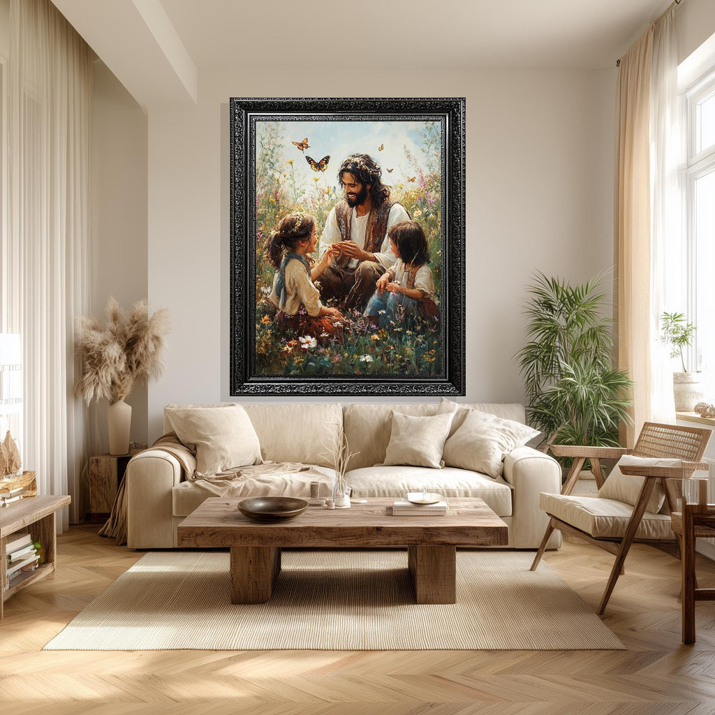 Jesus with Children Canvas - Joyful Christian Wall Art | Flower Field Print