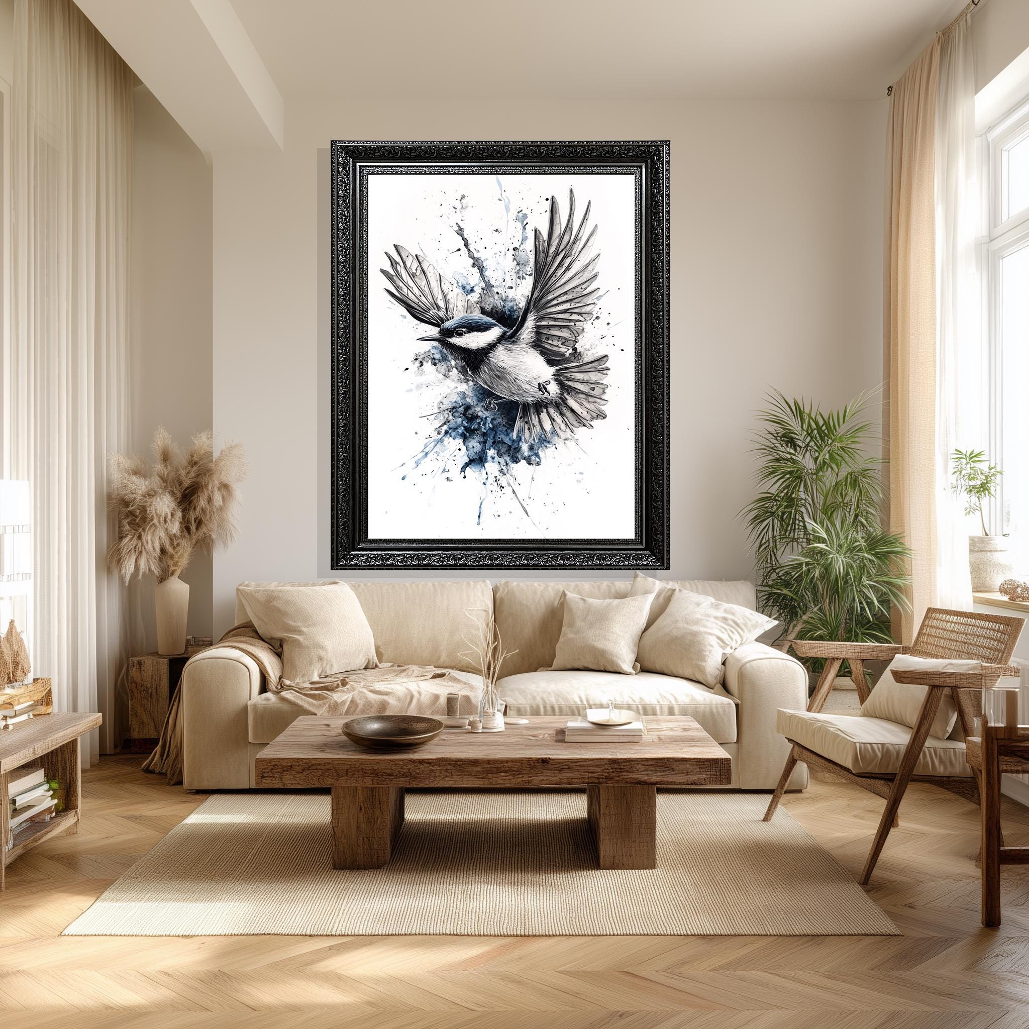 Bird Canvas Wall Art – Modern Watercolor Bird Print in Blue Black White Tones
