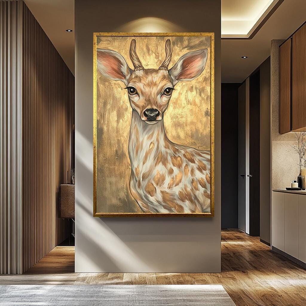Golden Deer Canvas - Modern Animal Canvas Art | Vibrant Floral Fruit Wall Decor
