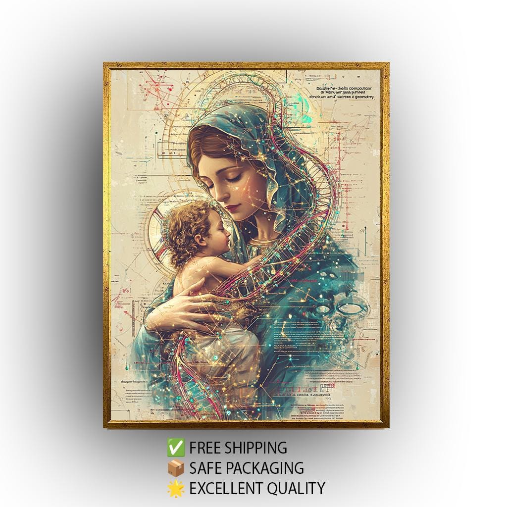 Mother and Child Canvas | Sacred Family Print - Virgin Mary Artwork with Double Helix Halo