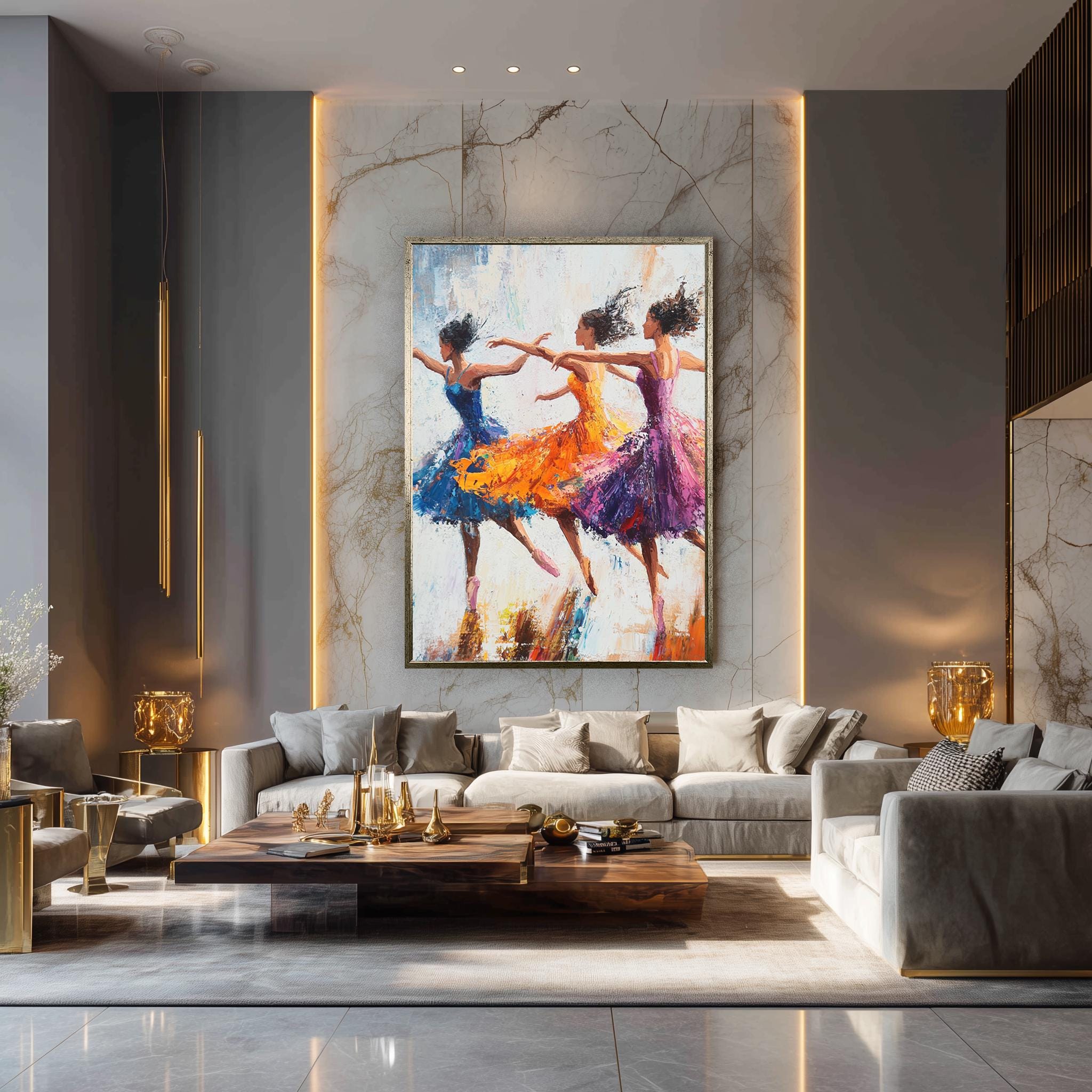 Ballerina Canvas Wall Art – Vibrant Dance Studio Canvas with Flowing Dresses Artwork