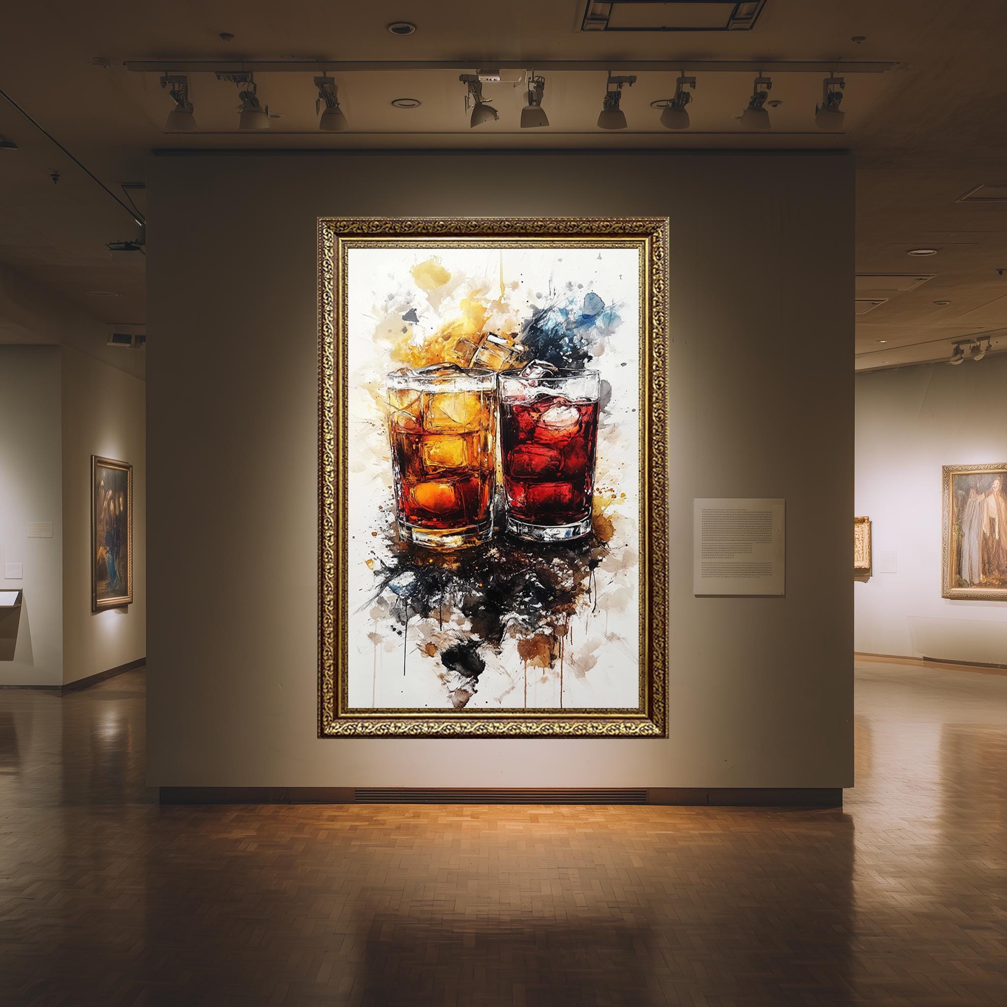 Whiskey Cocktail Wall Art – Abstract Drink Canvas with Ice & Amber Tones for Modern Bar Decor