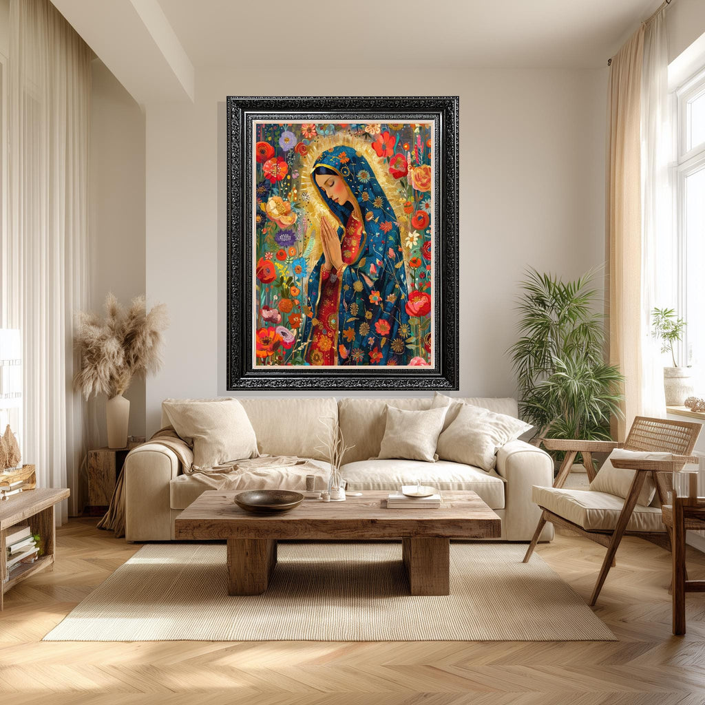 Virgin Mary Canvas Art – Floral Catholic Wall Decor with Gold Accent Canvas Print