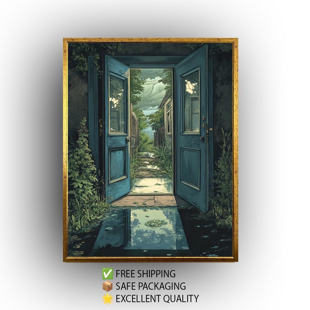 Surreal Open Door Art – Enchanted Door Canvas with Dreamlike Wall Decor & Mystical Garden Print