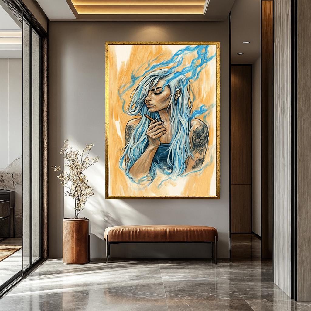 Boho Women Wall Art – Feminine Portrait Canvas with Blue Hair & Smoke Effect