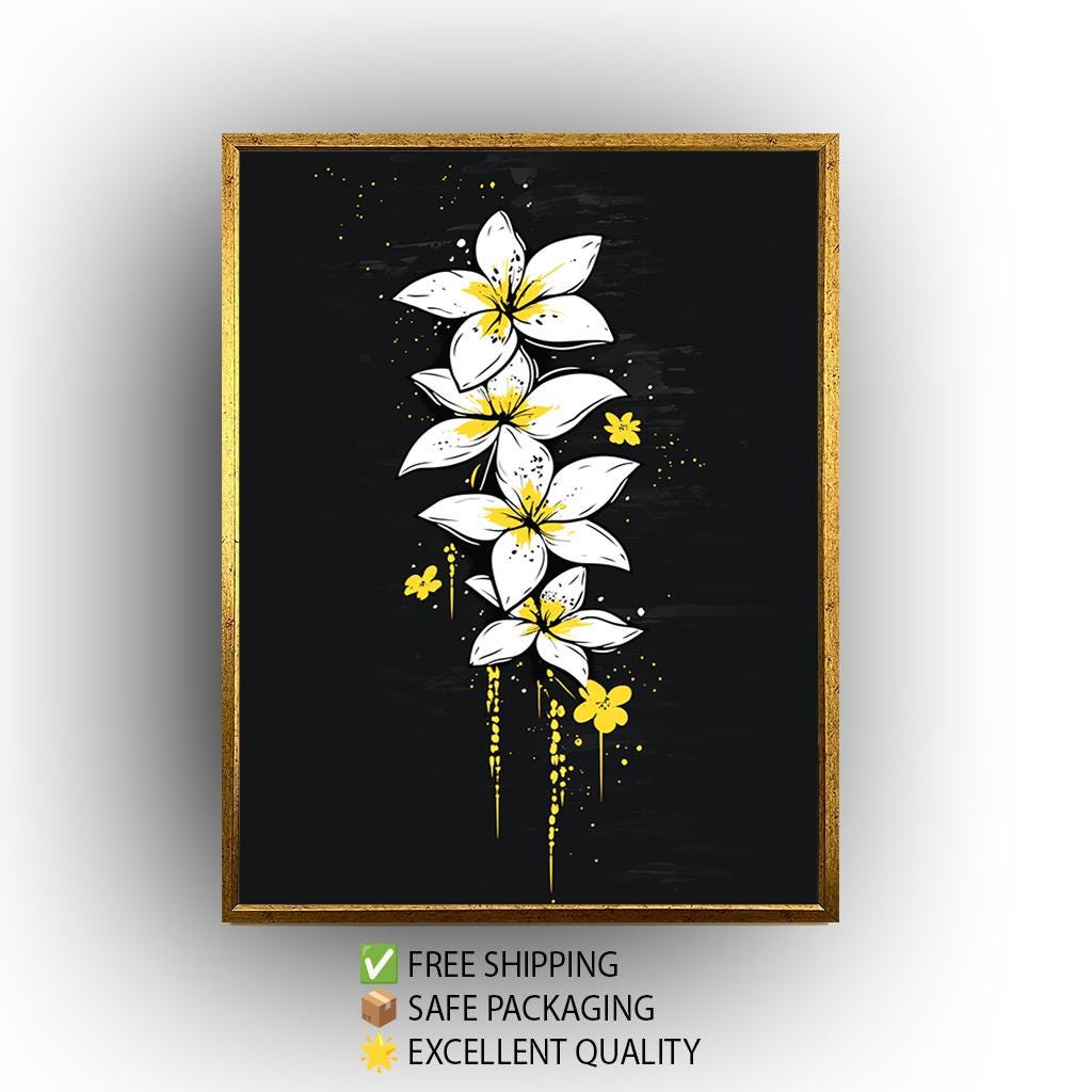 White Plumeria Canvas – Tropical Floral Wall Art With Yellow Accents & Black Background