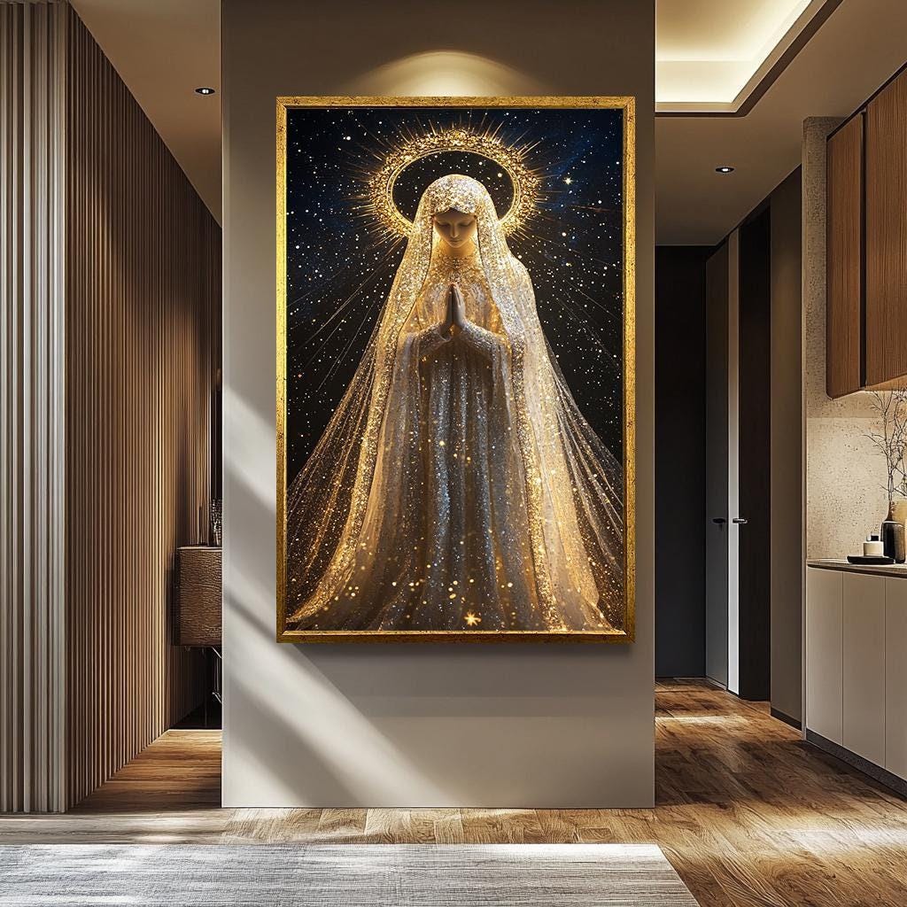 Virgin Mary Wall Art – Mother Mary Canvas Print with Starry Halo | Religious Home Decor
