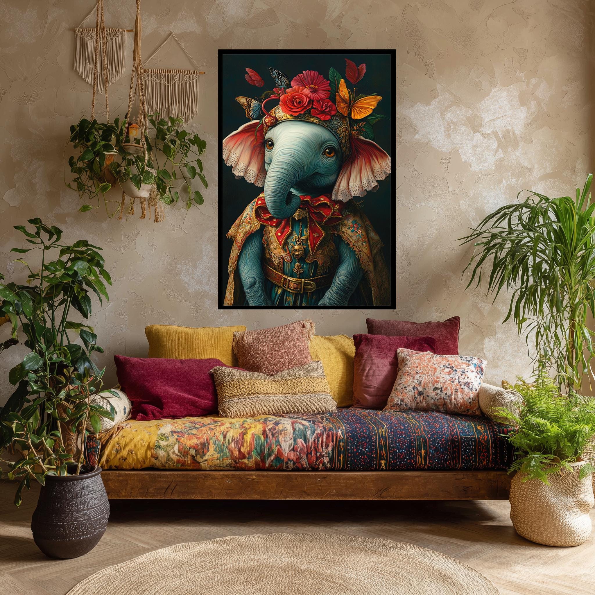 Baby Elephant Canvas Floral Crown Art – Vintage Elephant Print for Boho Nursery Decor