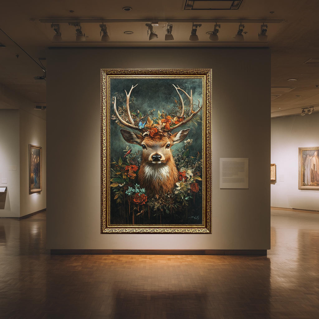 Majestic Deer Canvas Art – Rustic Floral Antlers with Butterflies | Woodland Wall Decor